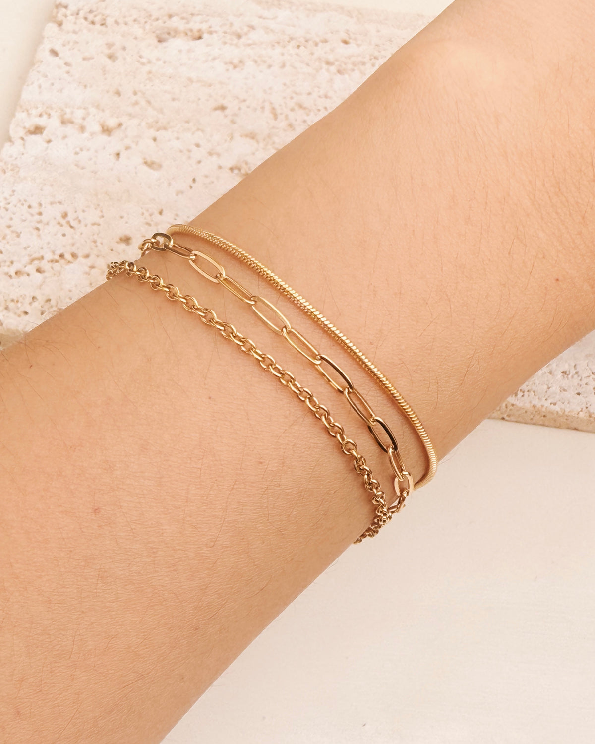 Denise Triple Layer Thin Snake Chain Small Paperclip Chain Round Link Chain Gold Bracelet / Anklet