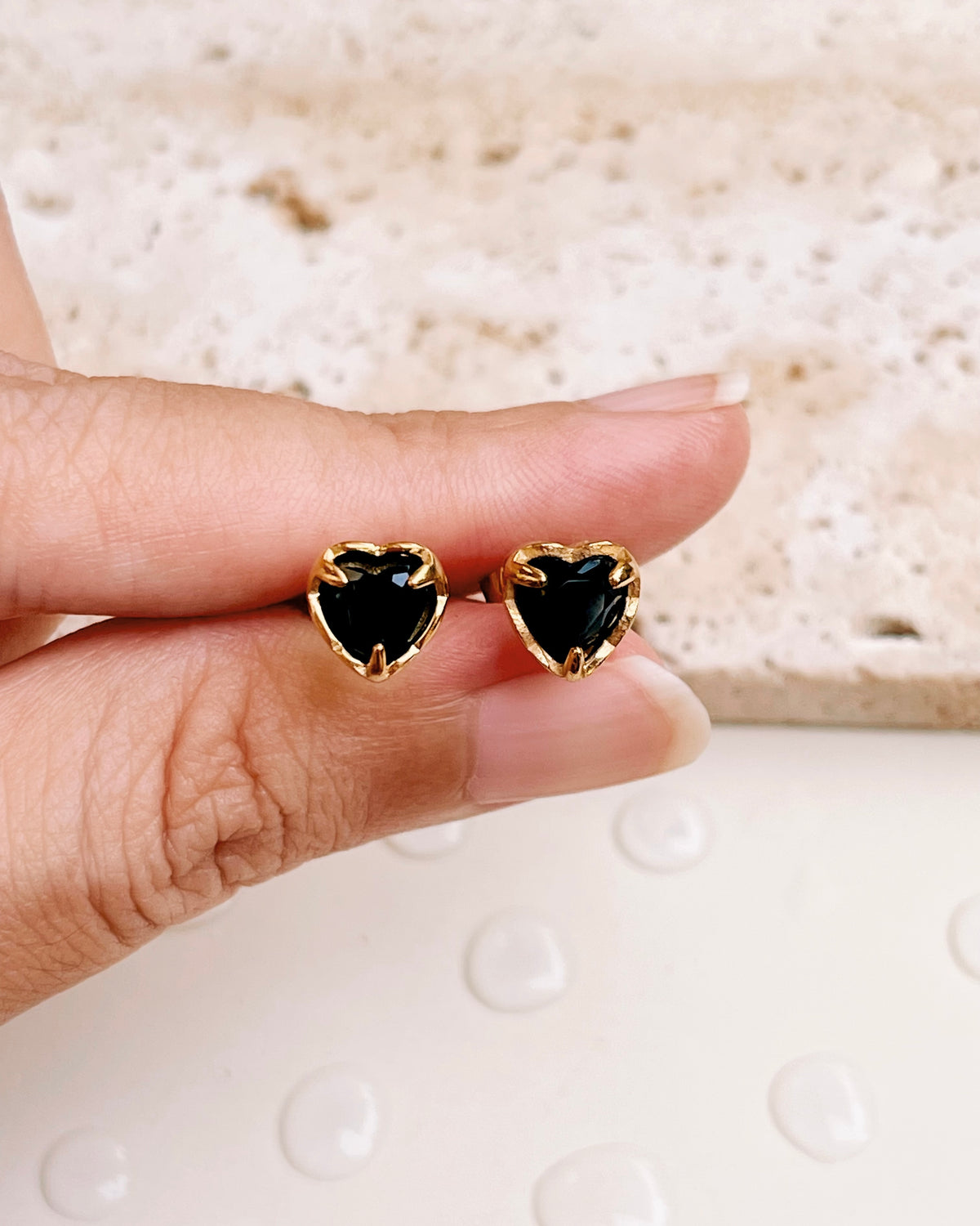 Indiana Black Zircon Heart Shaped Bezel Set Gold Studs