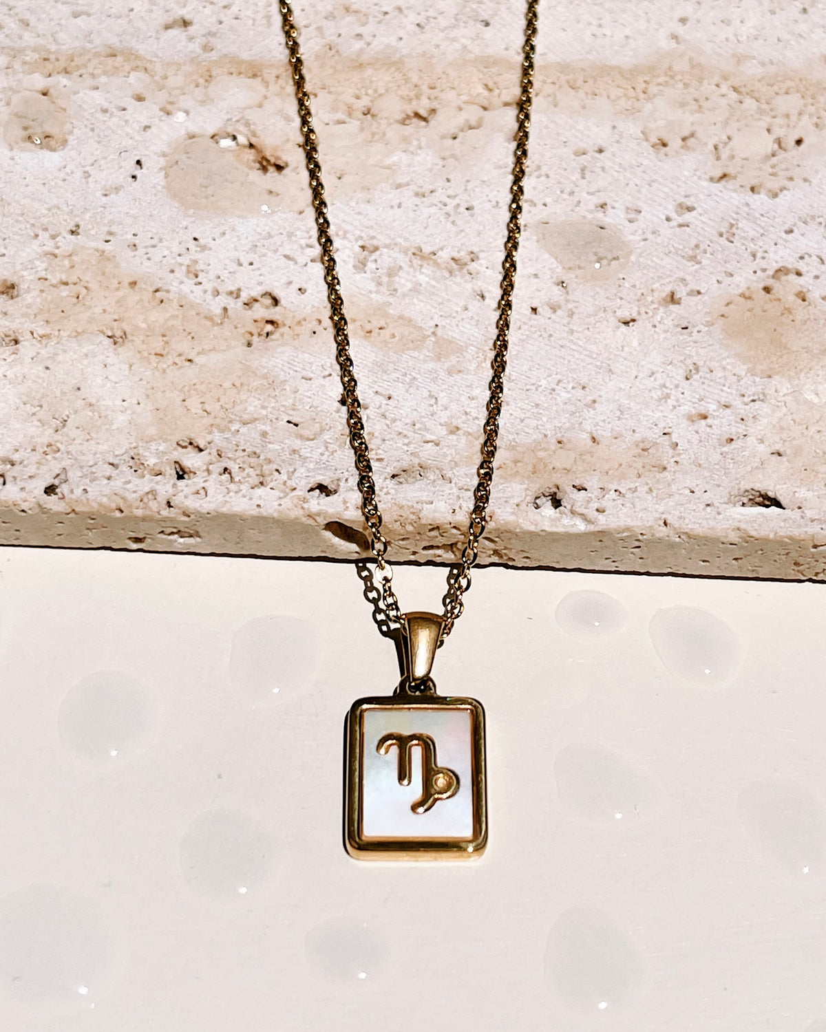 Camila Shell Zodiac Sign Square Framed Pendant Link Chain Gold Necklace