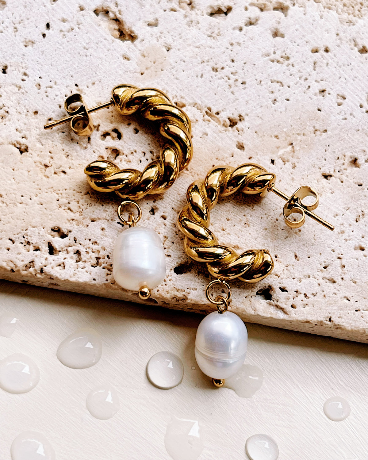 Hattie C-Shaped Chunky Twisted Gold Huggies Baroque Freshwater Pearl Dangle Drop Earrings