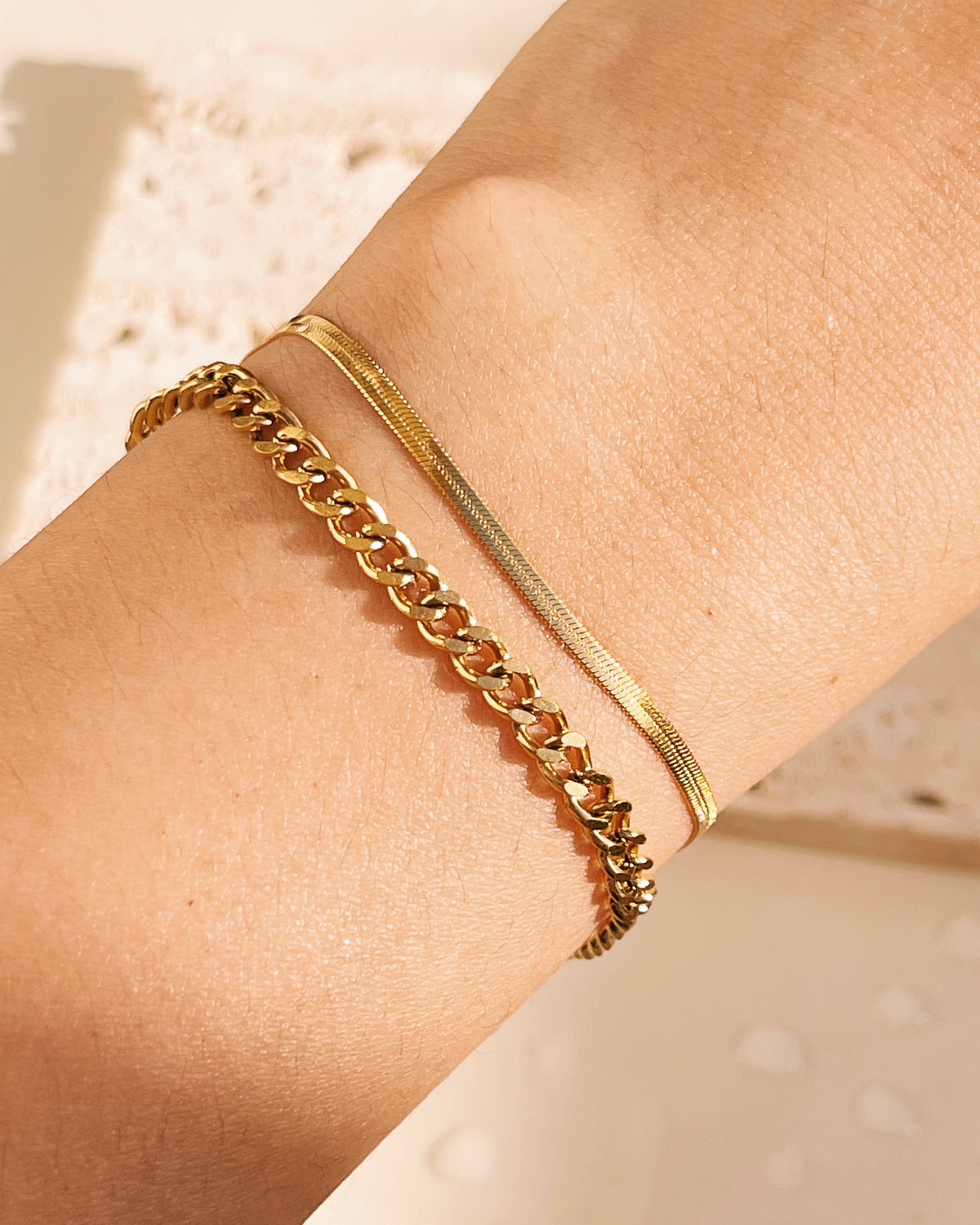 Bliss (Gold) Double Layer Flat Snake Chain Chunky Cuban Chain Bracelet