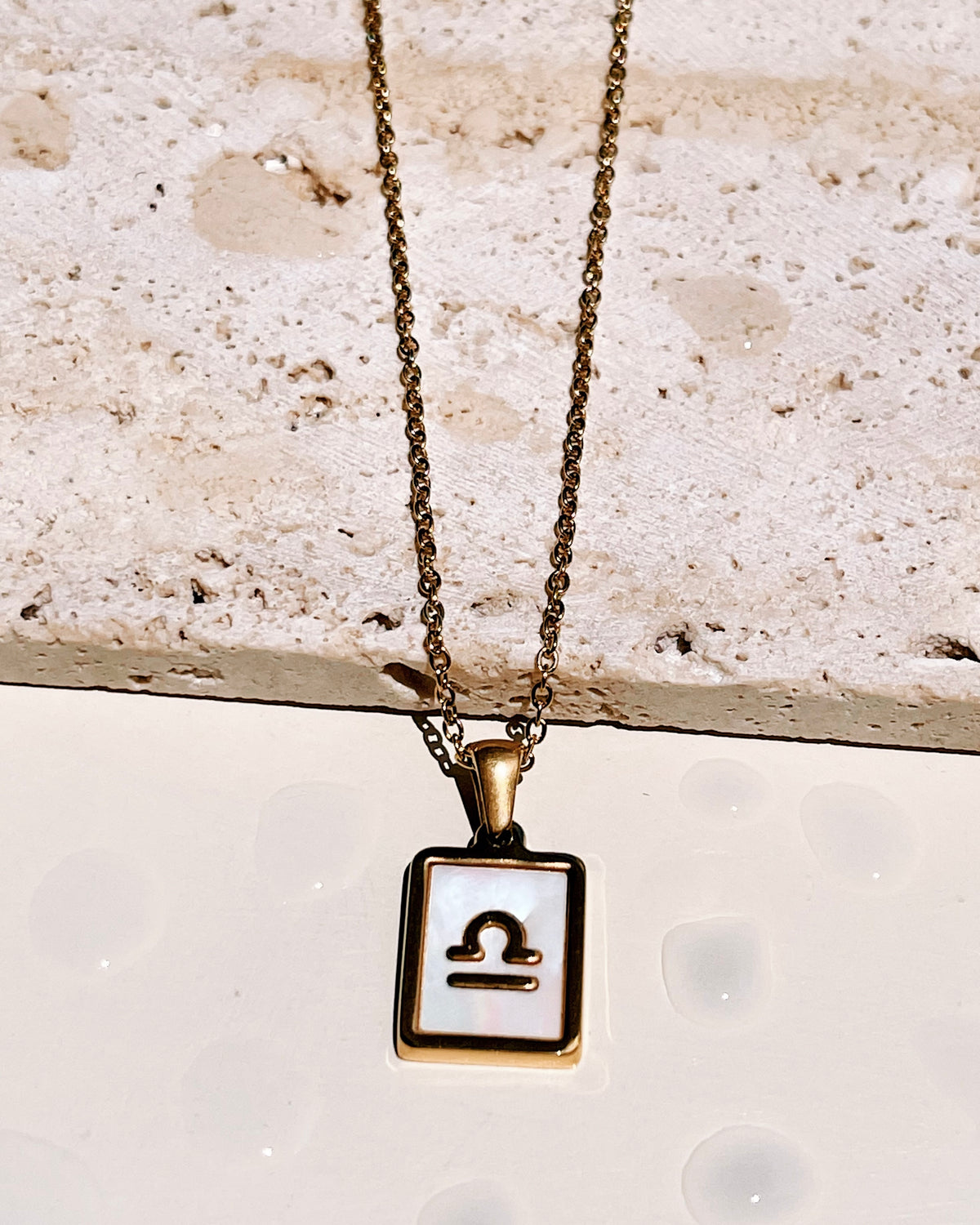 Camila Shell Zodiac Sign Square Framed Pendant Link Chain Gold Necklace