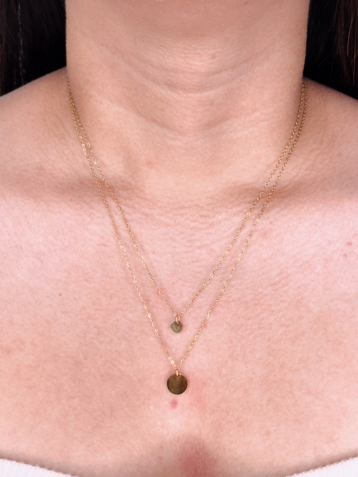 Marion Double Layer Thin Link Chain Round Flat Disc Pendants Gold Necklace