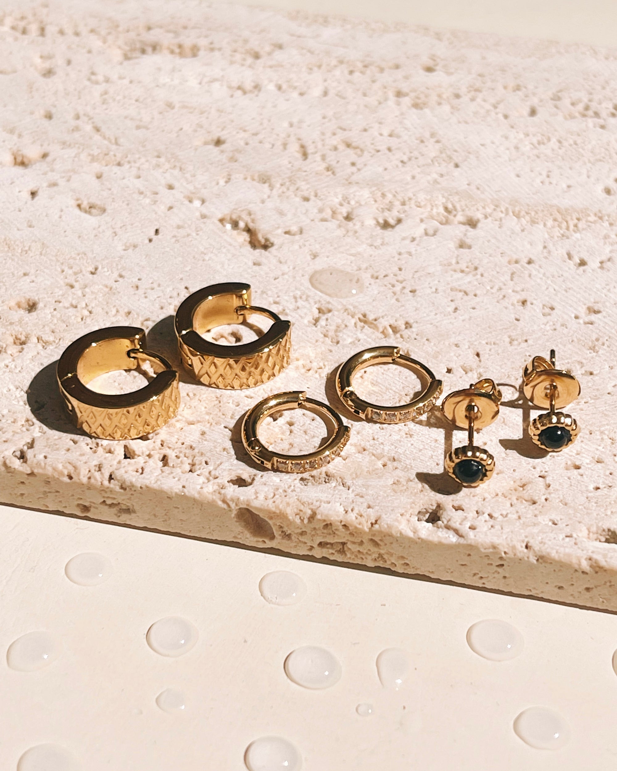 Cristy (Bundle Set) 3 Pairs Round Black Agate Bezel Set Gold Studs Zircon Paved Round Gold Huggies Textured Flat Wide Design Gold Huggies