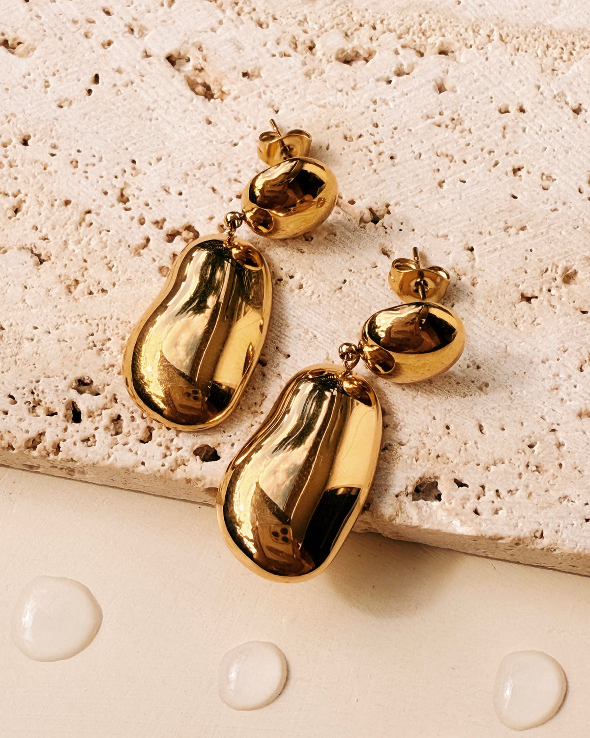 Janeth Rounded Dome Shaped Gold Studs Irregular Bean Shaped Gold Drop Earrings