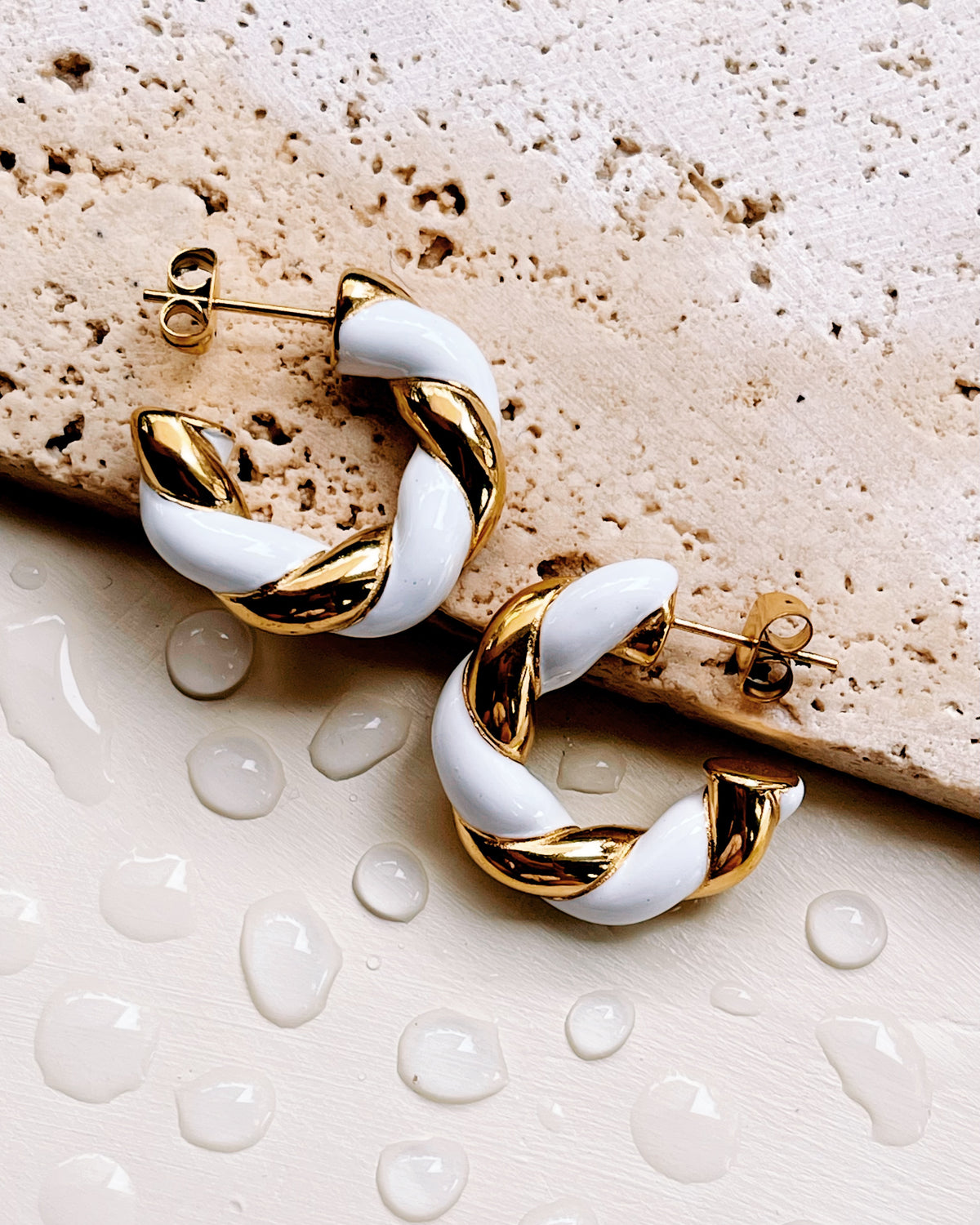 Harriett Two-Tone Classic Twisted Intertwined White Enamel &amp; Gold Hoops