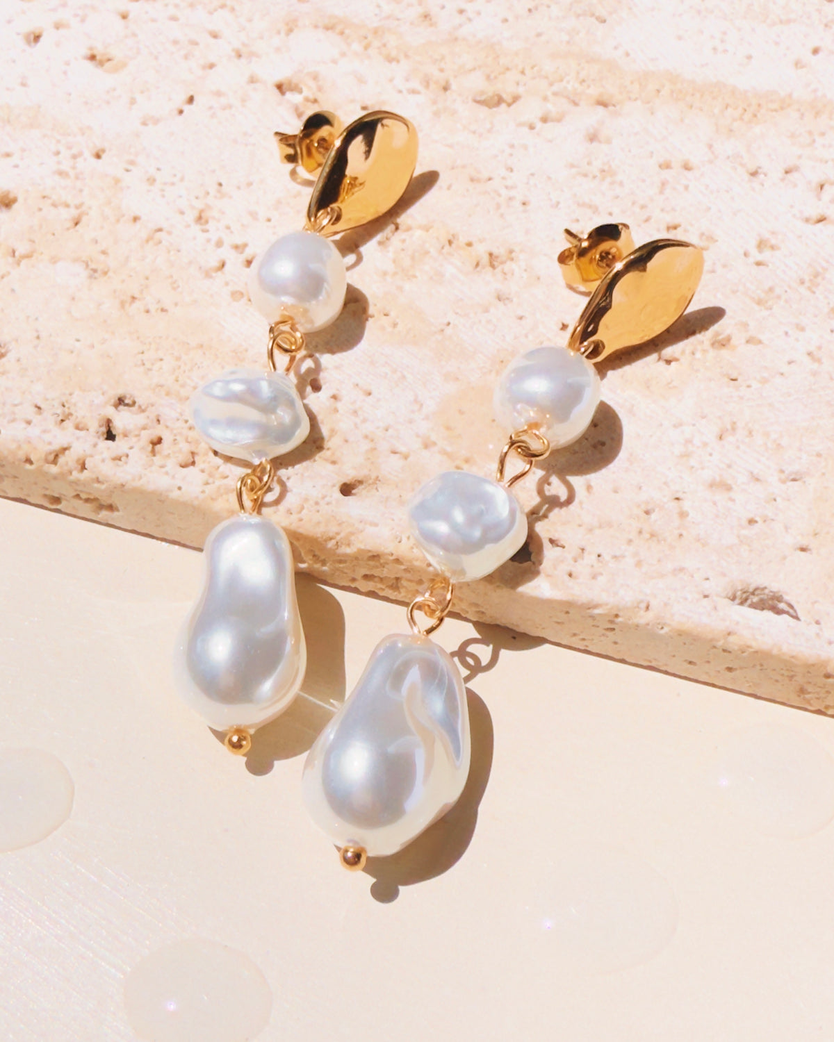 Nadia Melted Design Round Gold Stud Triple Pearl Drop Earrings