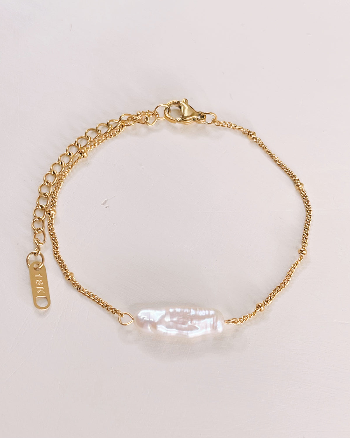 Olive Elongated Baroque Freshwater Pearl Pendant Beaded Chain Gold Bracelet