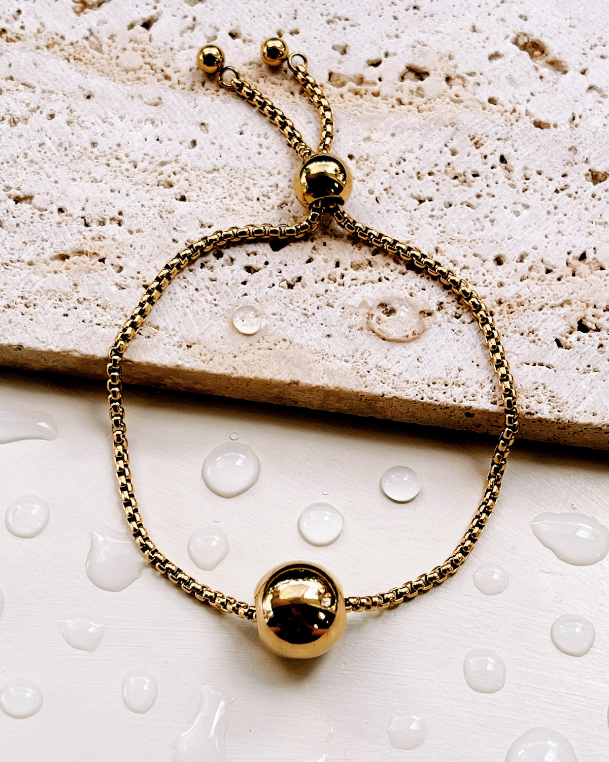 Eloise Box Link Chain Solid Ball Pendant Pull Adjustable Lock Design Gold Bracelet