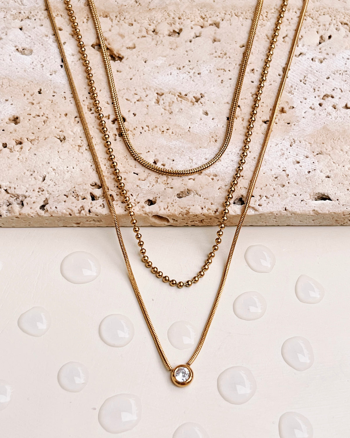 Callie Triple Layer Two Snake Chains Middle Ball Beads Link Chain Round Zircon Pendant Gold Necklace