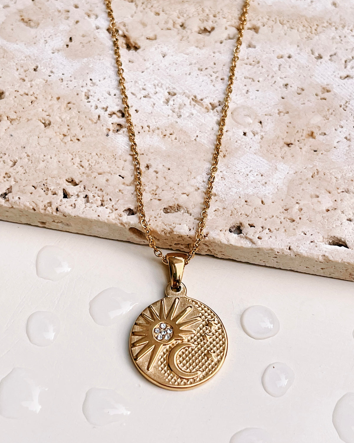 Navy Zircon Sunburst Carved Moon Pendant Link Chain Gold Necklace