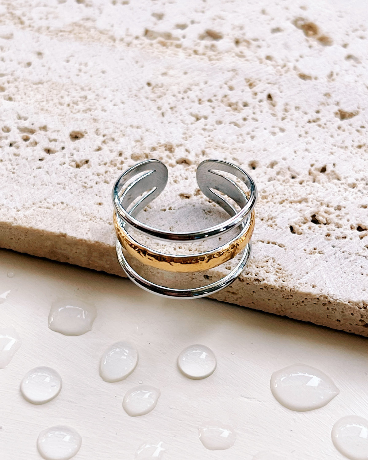 Ivanka Two Tone Silver and Gold Textured Design Three Layer Ring