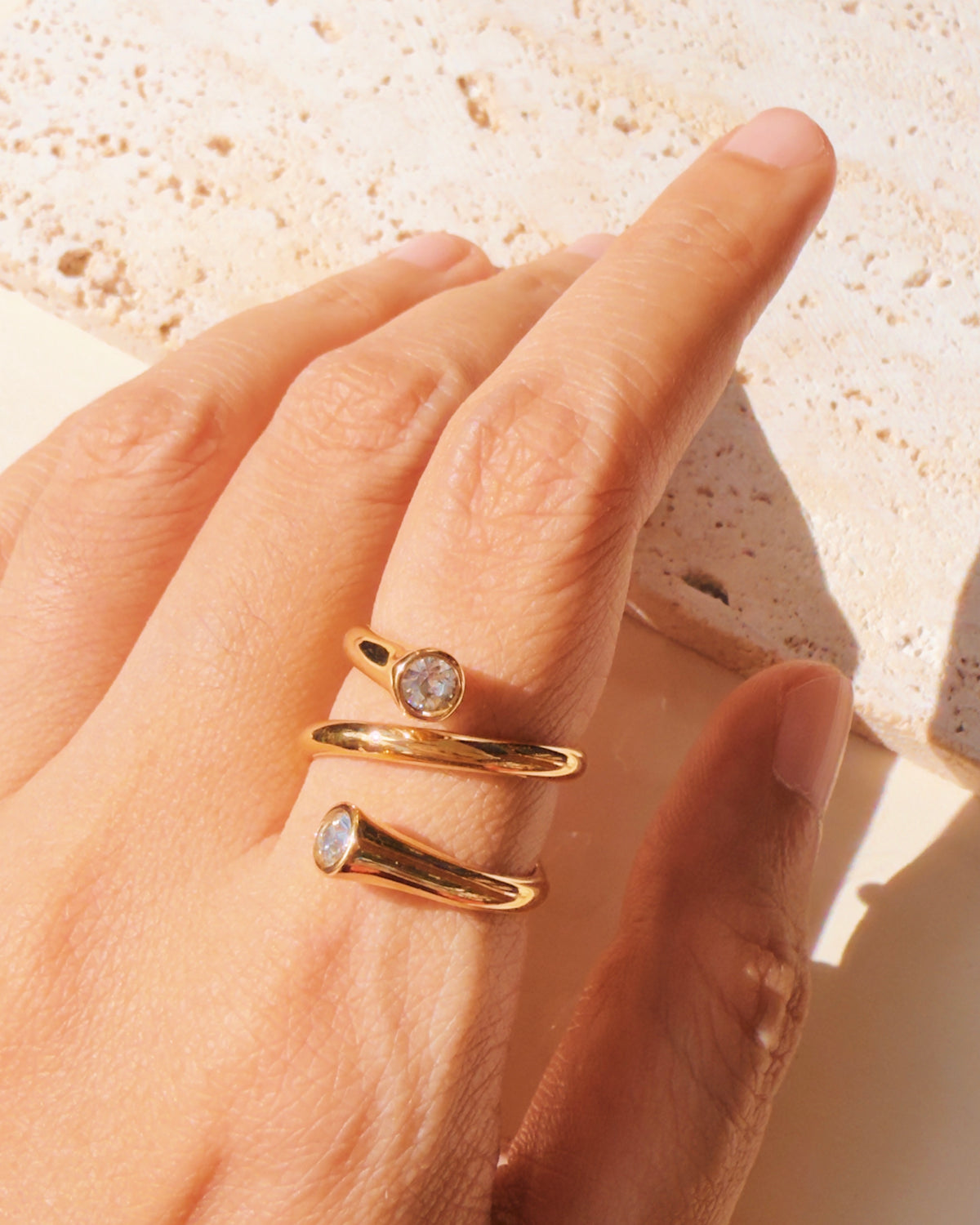 Penny Dual Top Head Zircon Inlaid Tip Coiled Layered Look Design Gold Open Ring