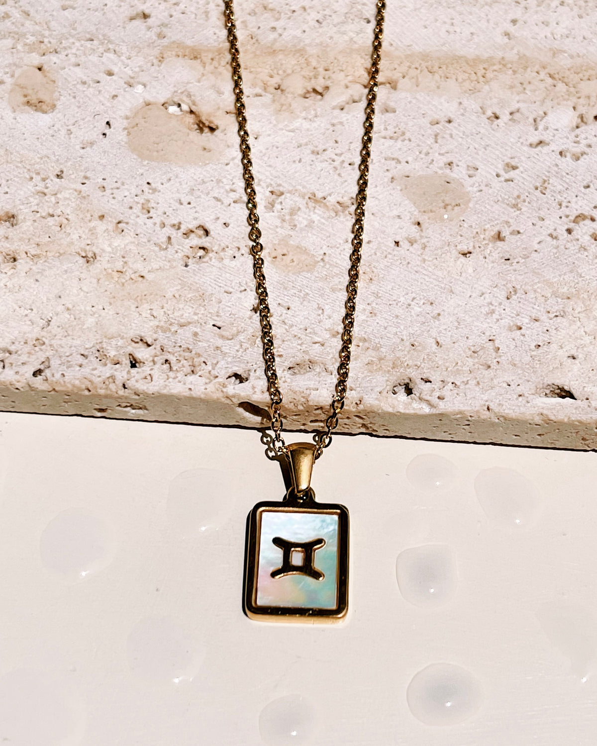 Camila Shell Zodiac Sign Square Framed Pendant Link Chain Gold Necklace