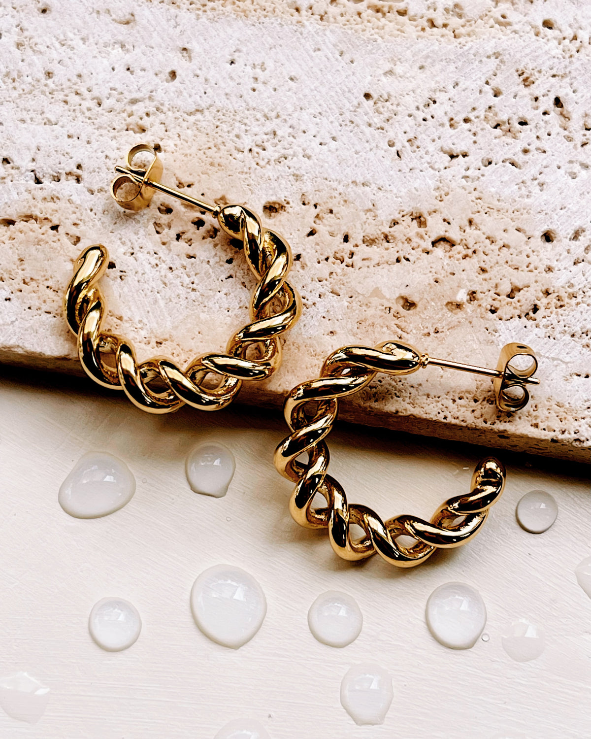 Ina C-Shaped Double Line Intertwined Twisted Design Gold Hoops