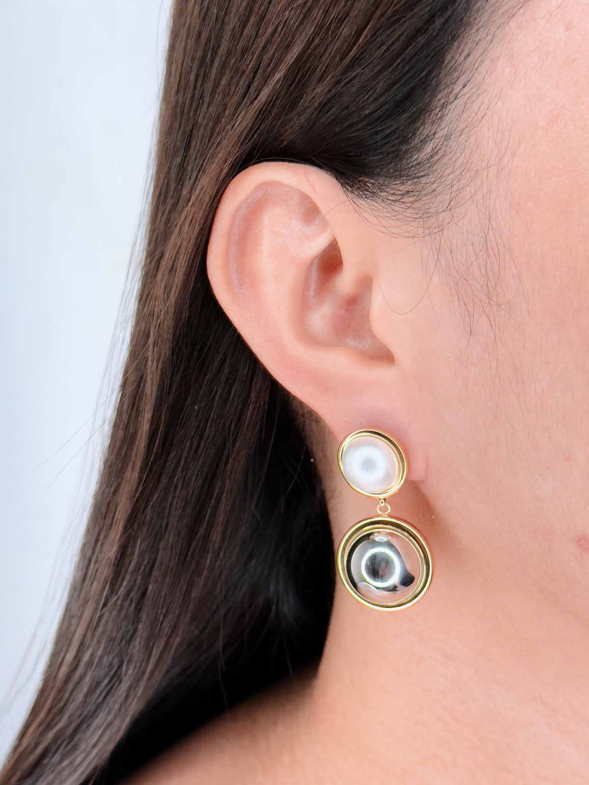 Mae (Two Tone) Round Pearl Inlaid Set Stud Silver Round Dome Inlaid Set Drop Earrings