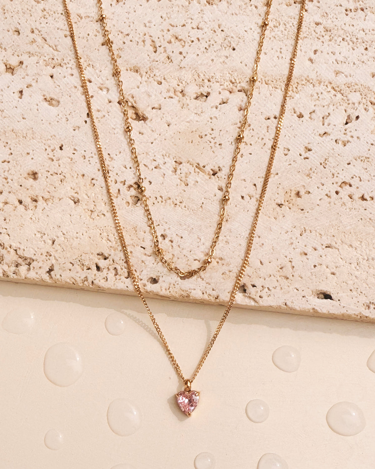 Gloribel Double Layer Heart Shaped Pink Zircon Crowned Set Pendant Ball Beaded Link Chain Gold Necklace