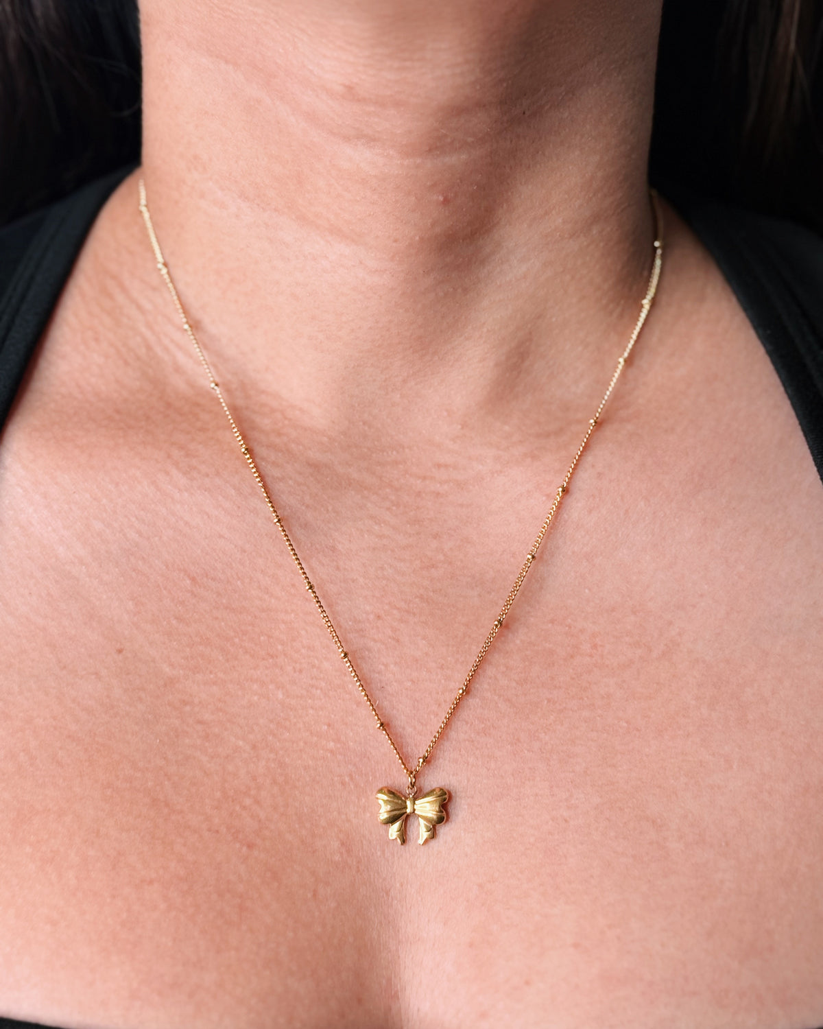 Oksana Solid Bow Ribbon Pendant Ball Beaded Curb Link Chain Design Gold Necklace