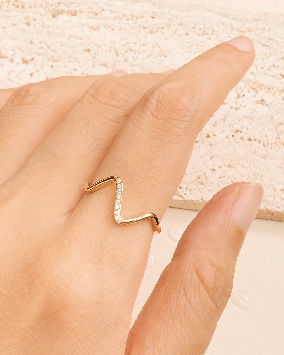 Joey Zircon Paved Heartbeat Line Design Top Gold Minimalist Open Ring