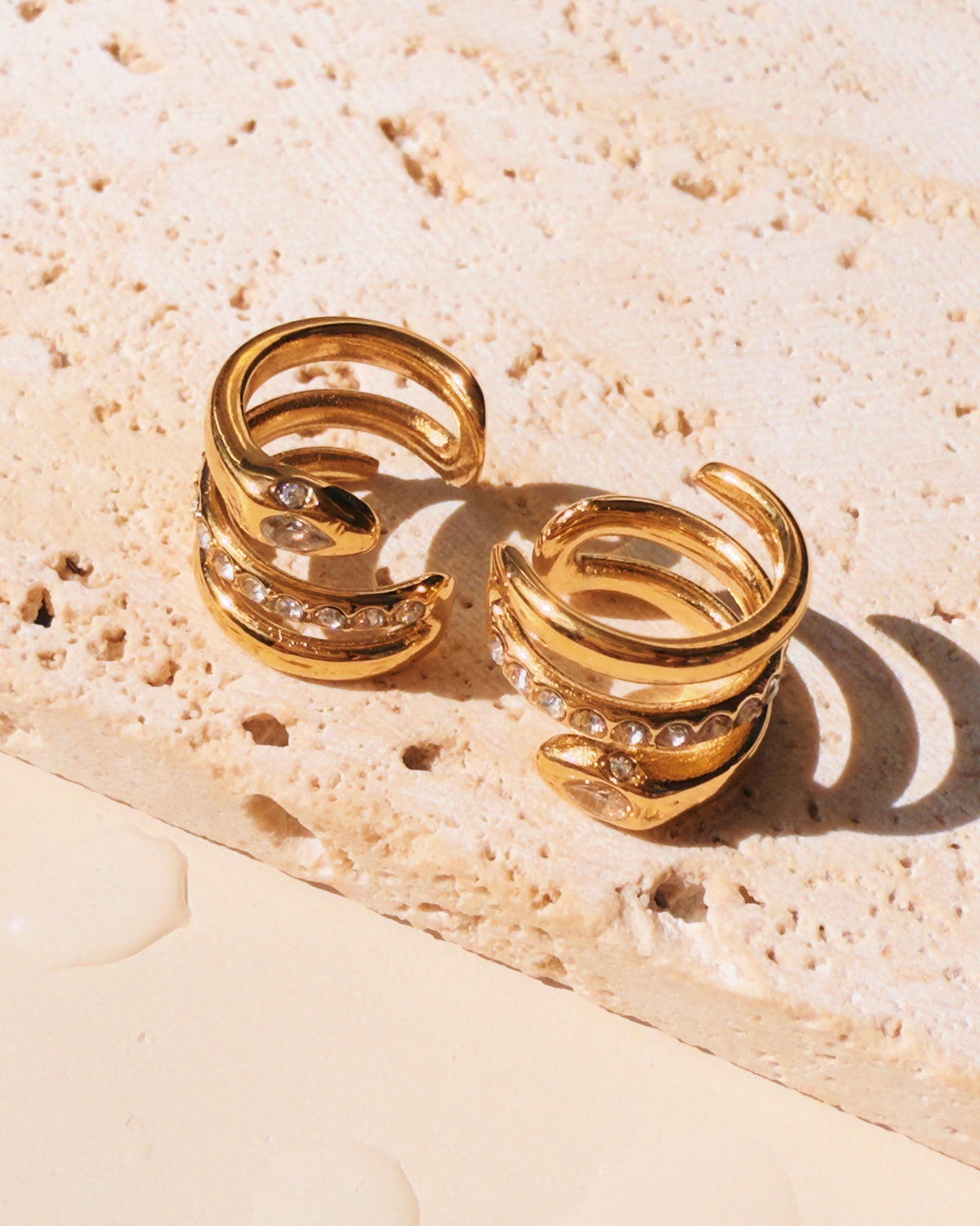Peach Zircon Paved Snake Coiled Design Gold Cuff Earrings