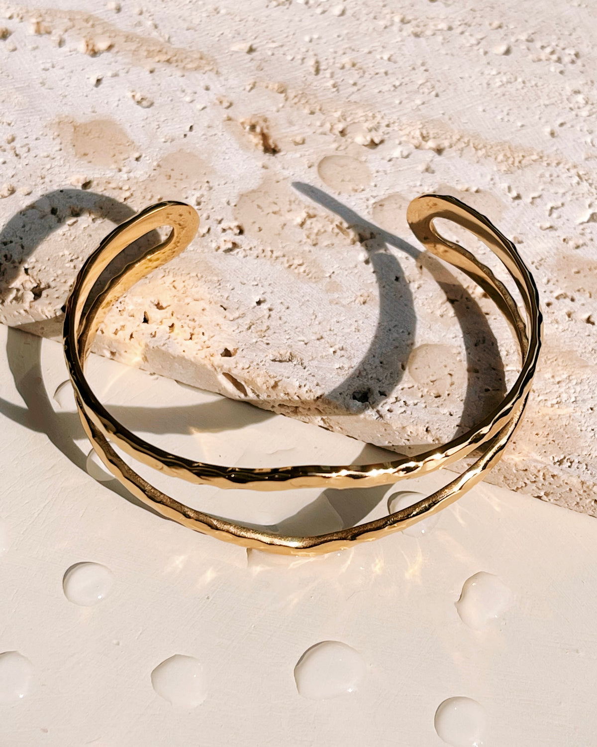 Aurora Double Layer Parallel Textured Hammered Design Gold Bangle