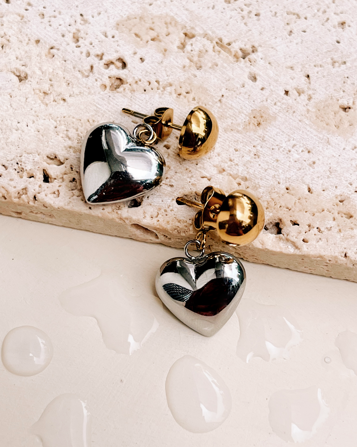 Aiden (Two Tone) Round Gold Ball Stud Silver Solid Heart Shaped Drop Earrings