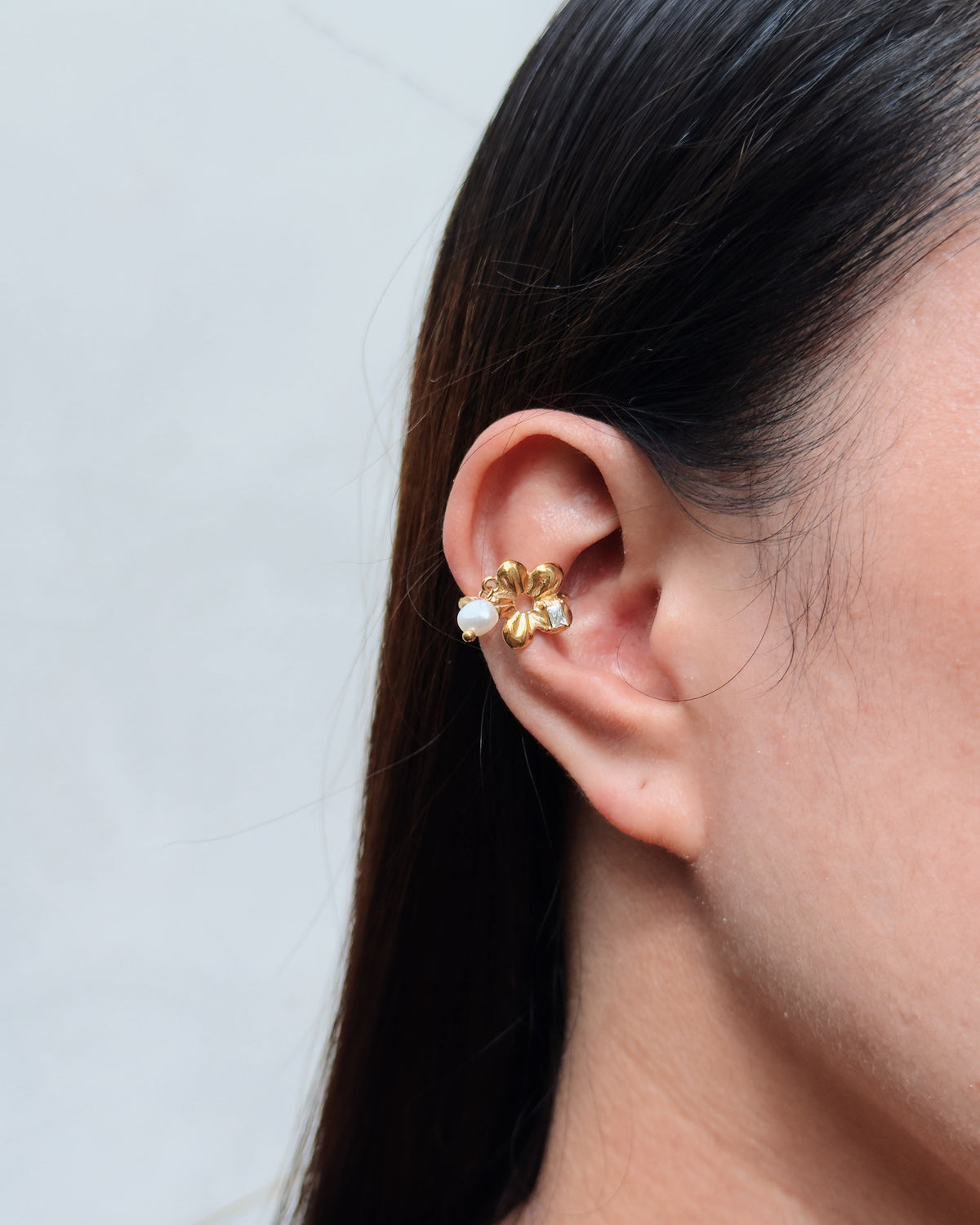 Nessa Textured Carved Flower Shaped Inlaid Rhinestone Pearl Dangle Gold Cuff Earrings