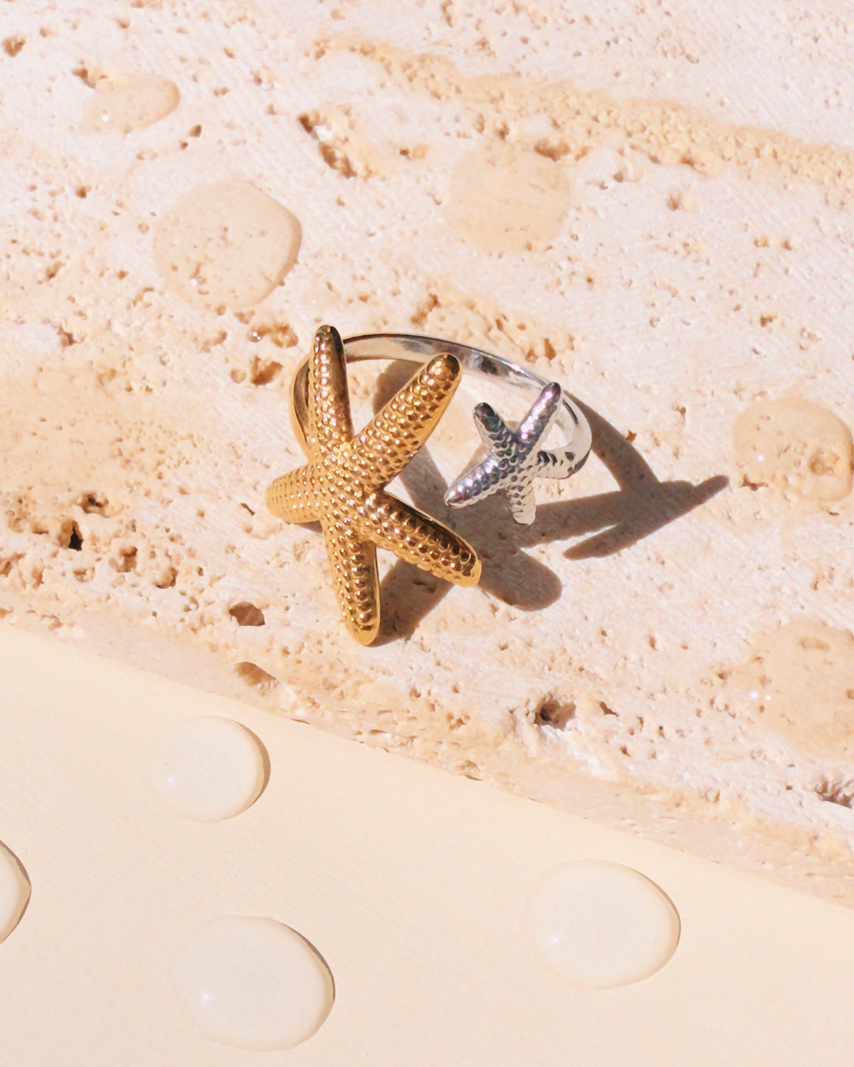 Pandora Two Tone Dual Top Head Textured Big Gold Small Silver Starfish Design Open Ring