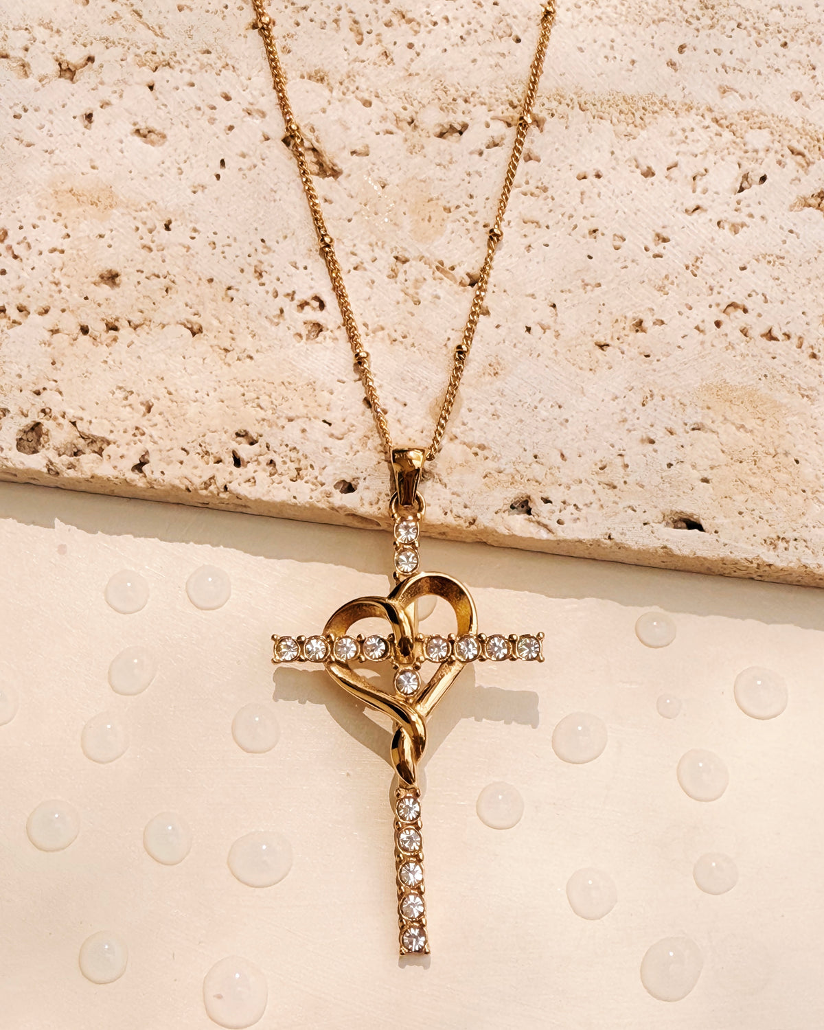 Ciela Zircon Paved Cross Heart Interlaced Pendant Ball Beaded Thin Curb Chain Gold Necklace