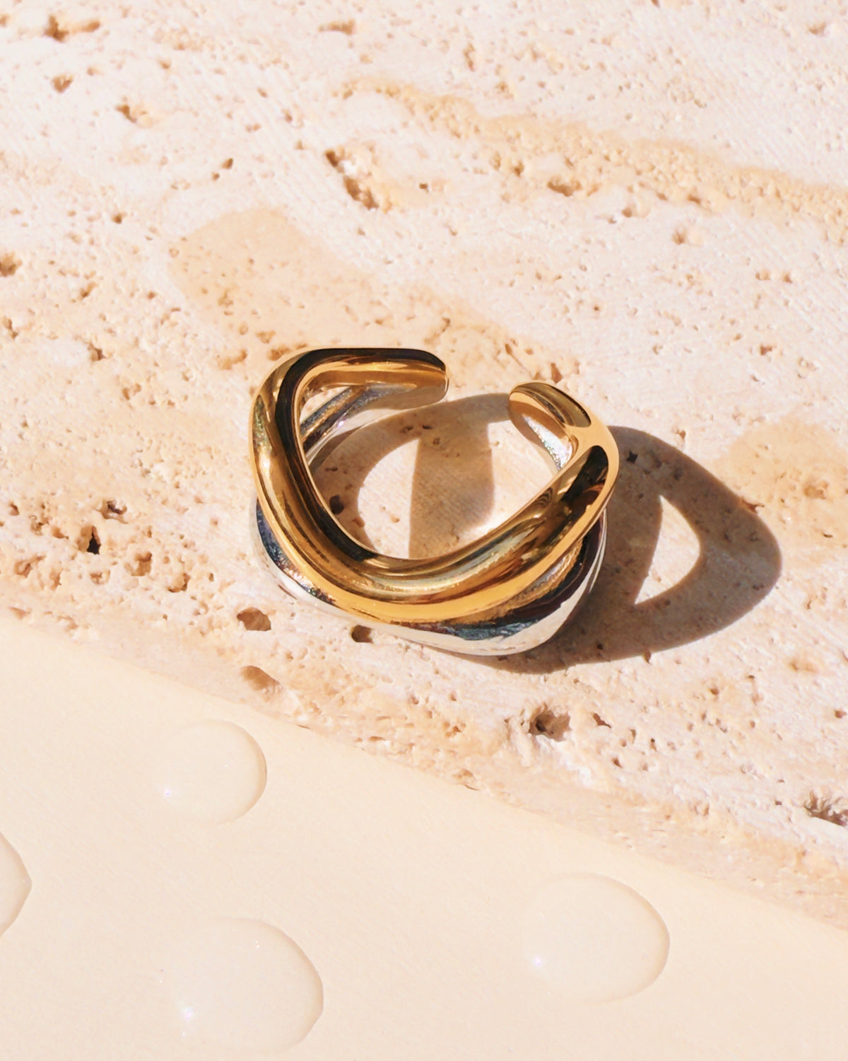Presley Two Tone Double Layer Silver Gold Hollow Curvature Design Open Ring