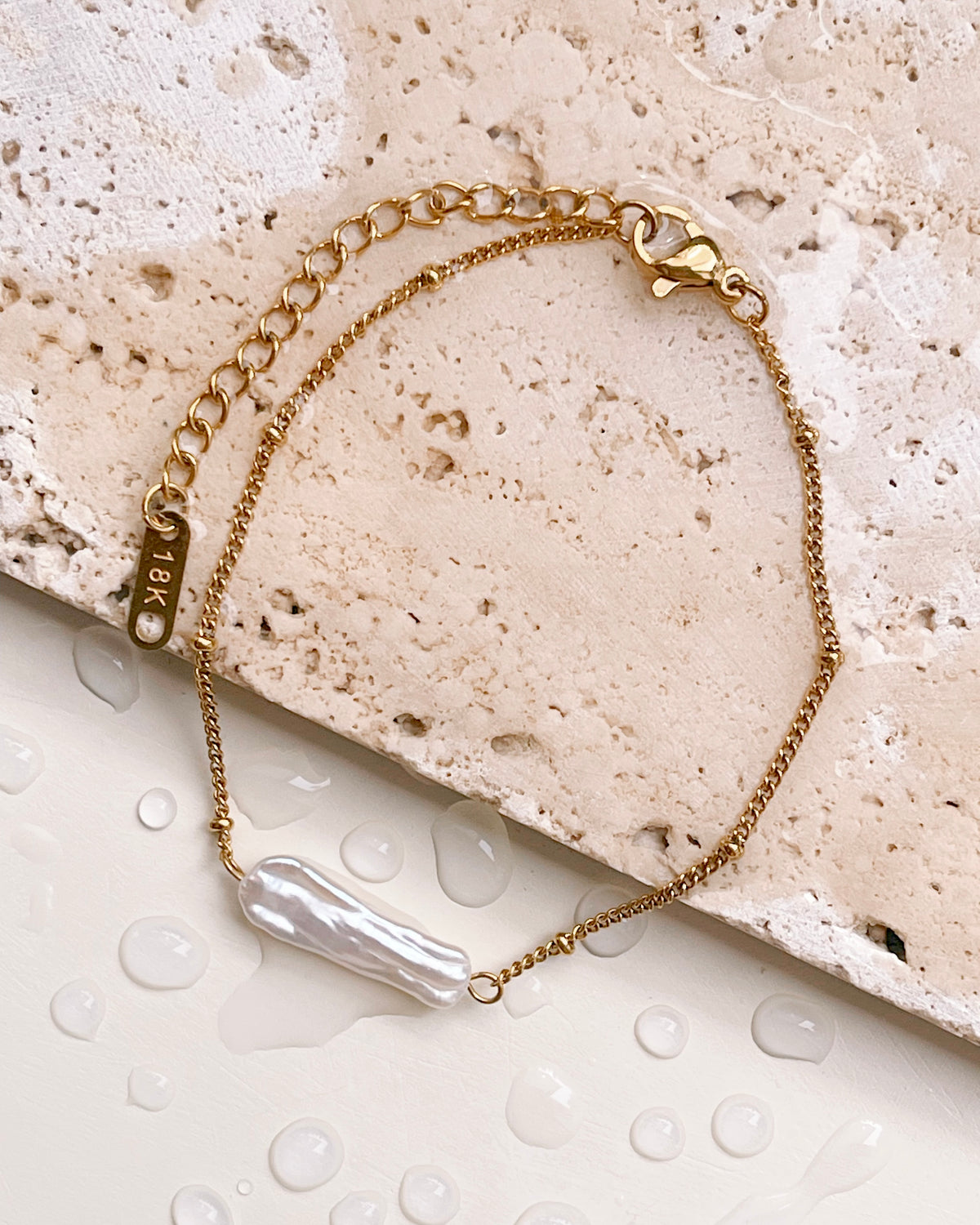 Olive Elongated Baroque Freshwater Pearl Pendant Beaded Chain Gold Bracelet