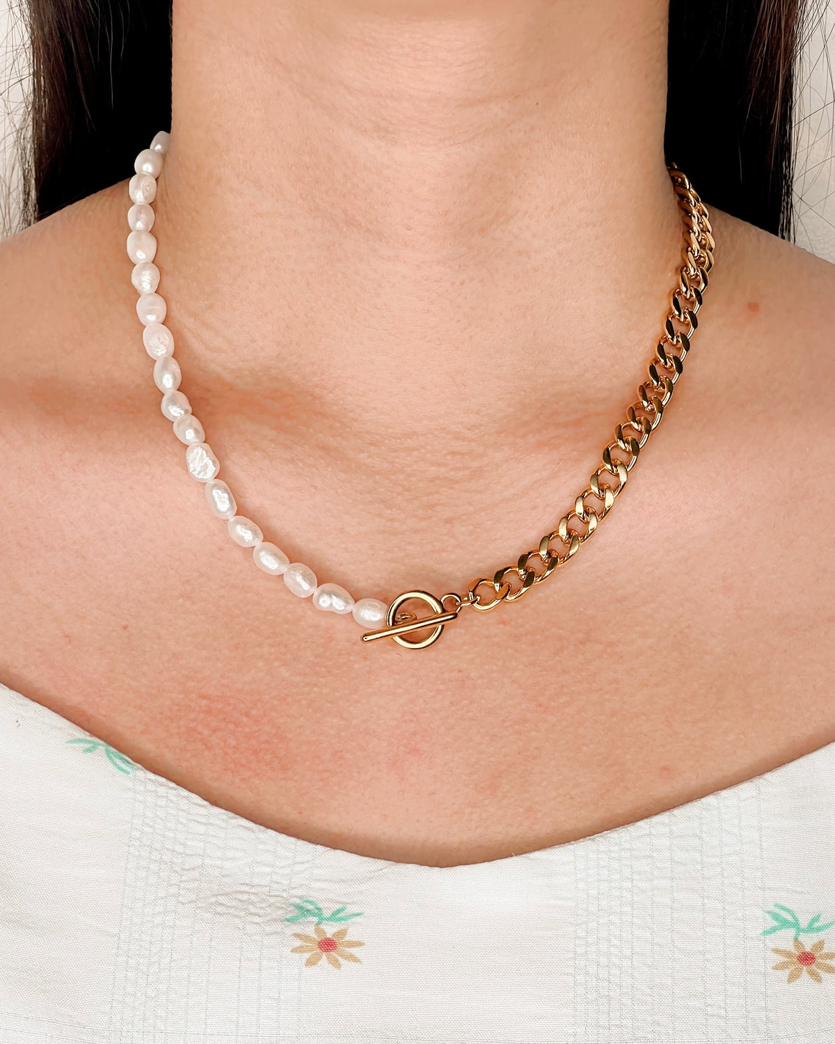 Julia Dual Design Half Pearl Beads Half Cuban Chain OT Lock Gold Necklace