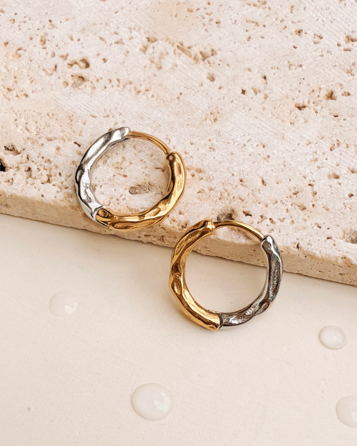 Emalyn (Two Tone) Half Silver Half Gold Irregular Hammered Design Hoops