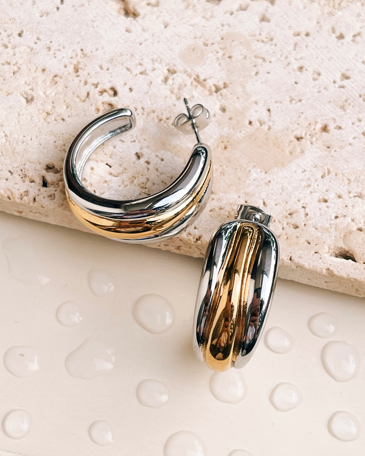 Avianna (Two Tone) Stacked Silver Gold Concaved C-Shaped Stud Earrings