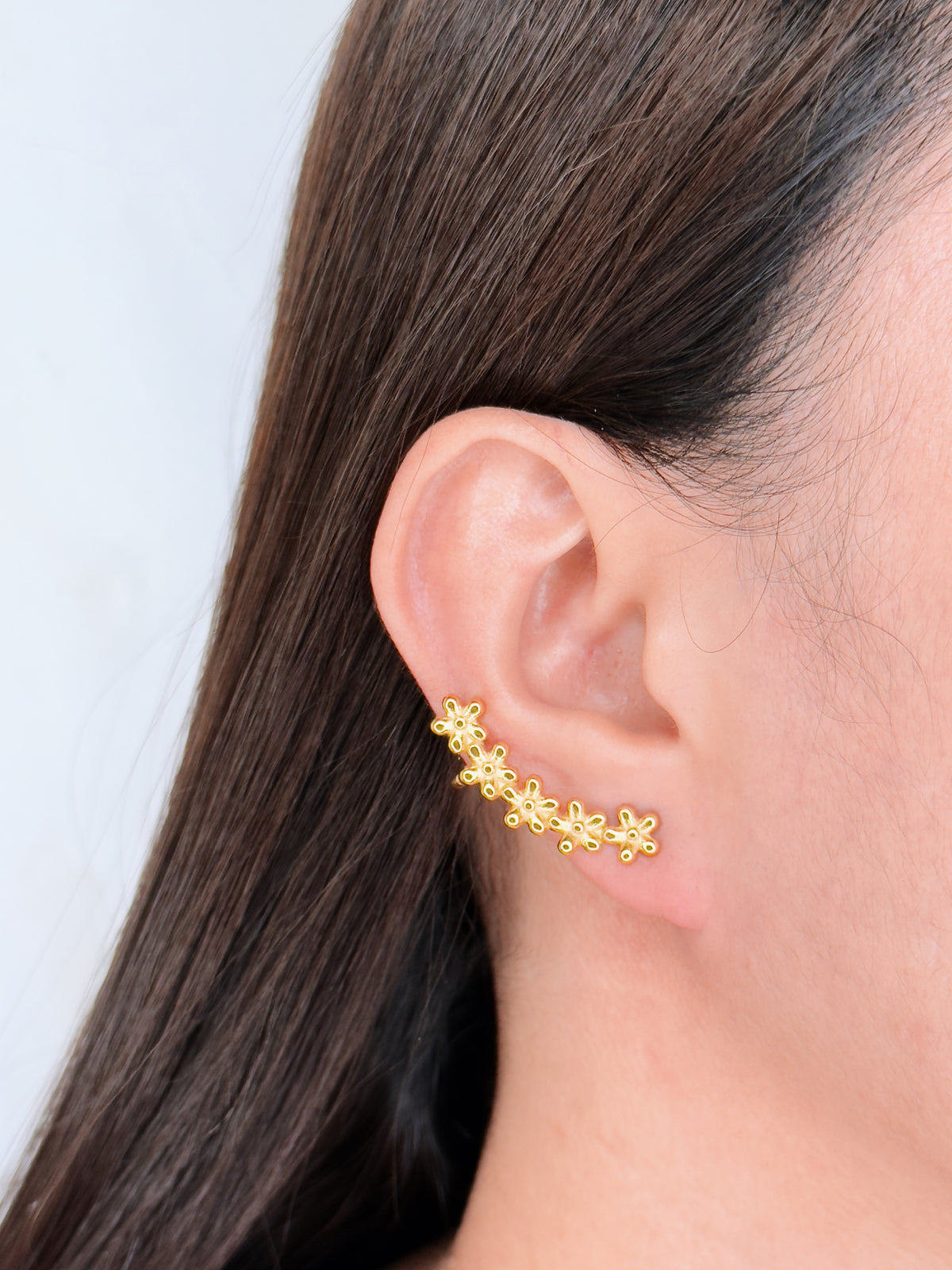 Martina Vertical Stacked Carved Flowers Design Gold Stud Earrings