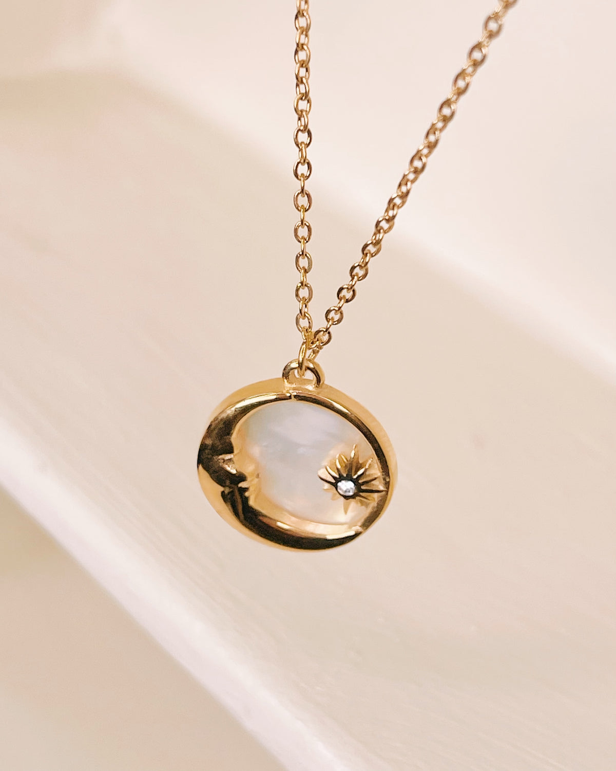 Celeste Sun and Moon Shell Stone Pendant Gold Necklace