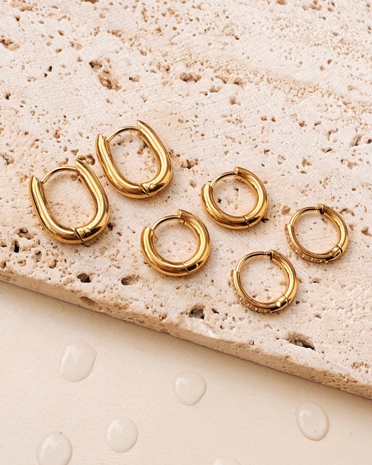 Jennica (Bundle Set) 3 Pairs U-Shaped Gold Huggies Classic Round Gold Huggies Zircon Paved Round Gold Hoops