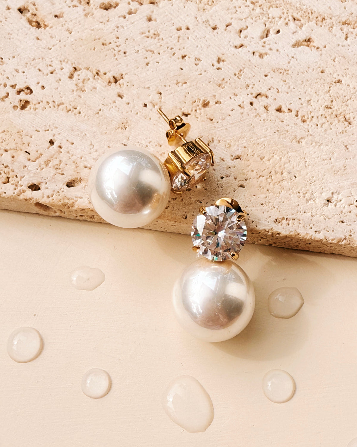 Janessa Round Zircon Crowned Set Pearl Drop Gold Stud Earrings