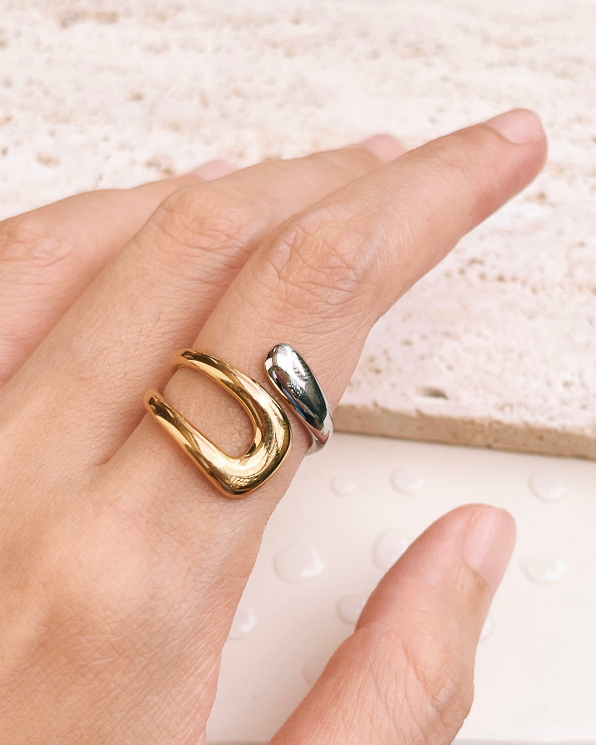 Augustine (Two Tone) Silver Gold Colorblock Geometric Design Open Ring