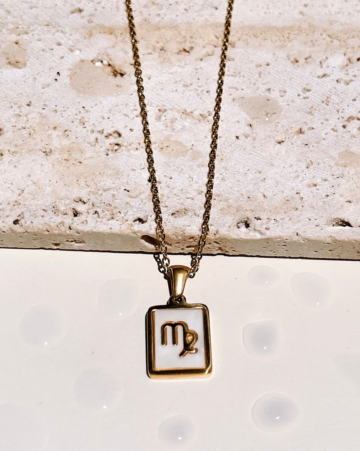 Camila Shell Zodiac Sign Square Framed Pendant Link Chain Gold Necklace