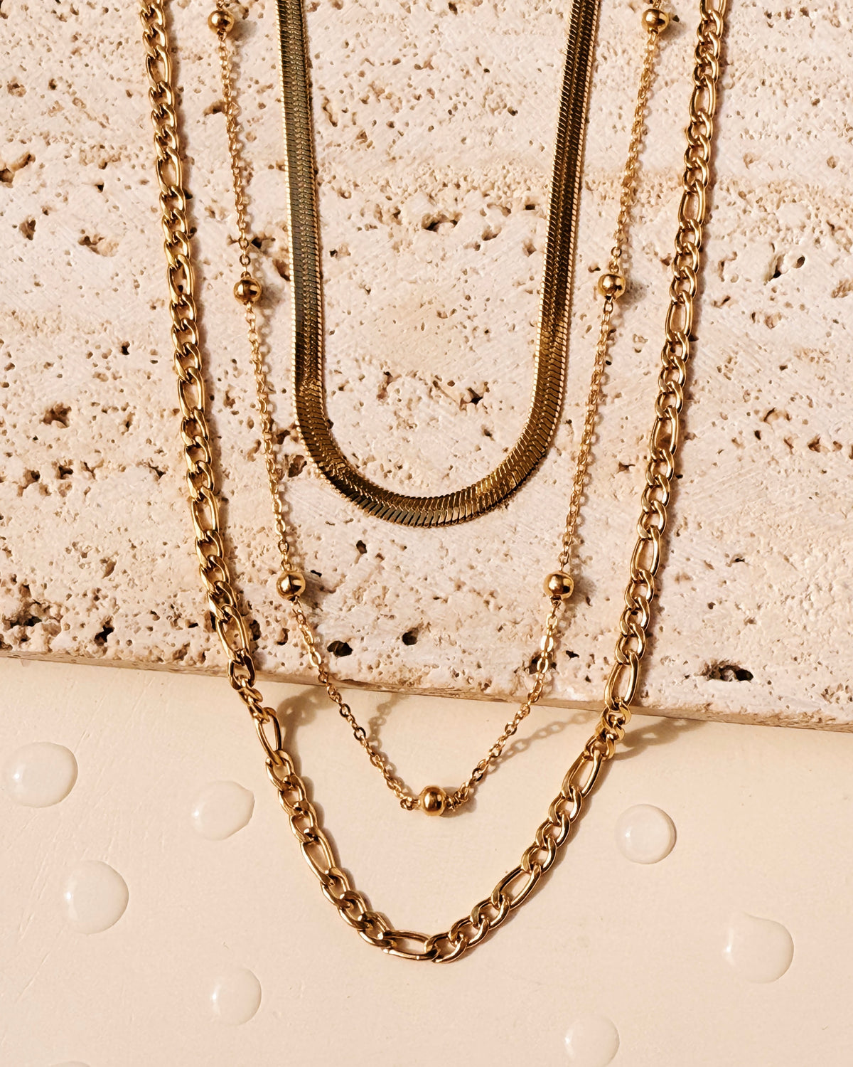 Kira Triple Layer Wide Flat Snake Chain Ball Beaded Classic Figaro Design (Chain Only) Gold Necklace