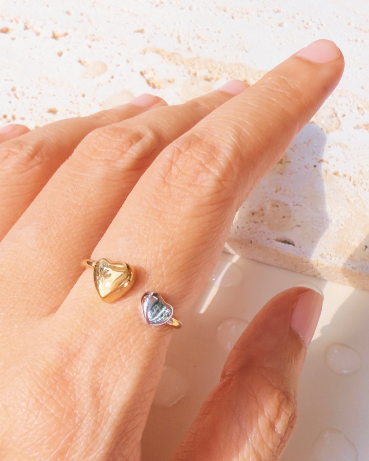 Ohana Two Tone Dual Heart Shaped Silver Gold Top Head Design Gold Open Ring
