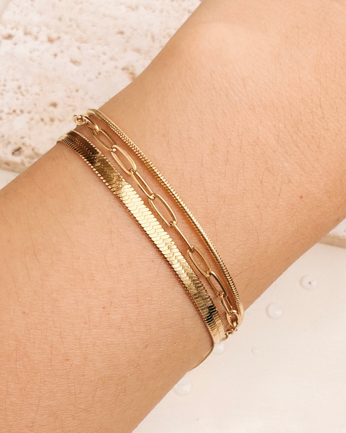 Danica Triple Layer Thin Rounded Snake Chain Small Paperclip Chain Flat Wide Snake Chain Gold Bracelet / Anklet