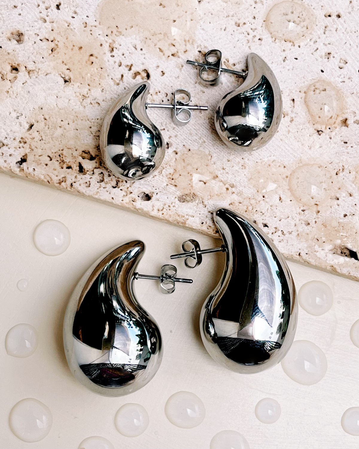 Theodora (Silver) Chunky Teardrop Design Stud Drop Earrings