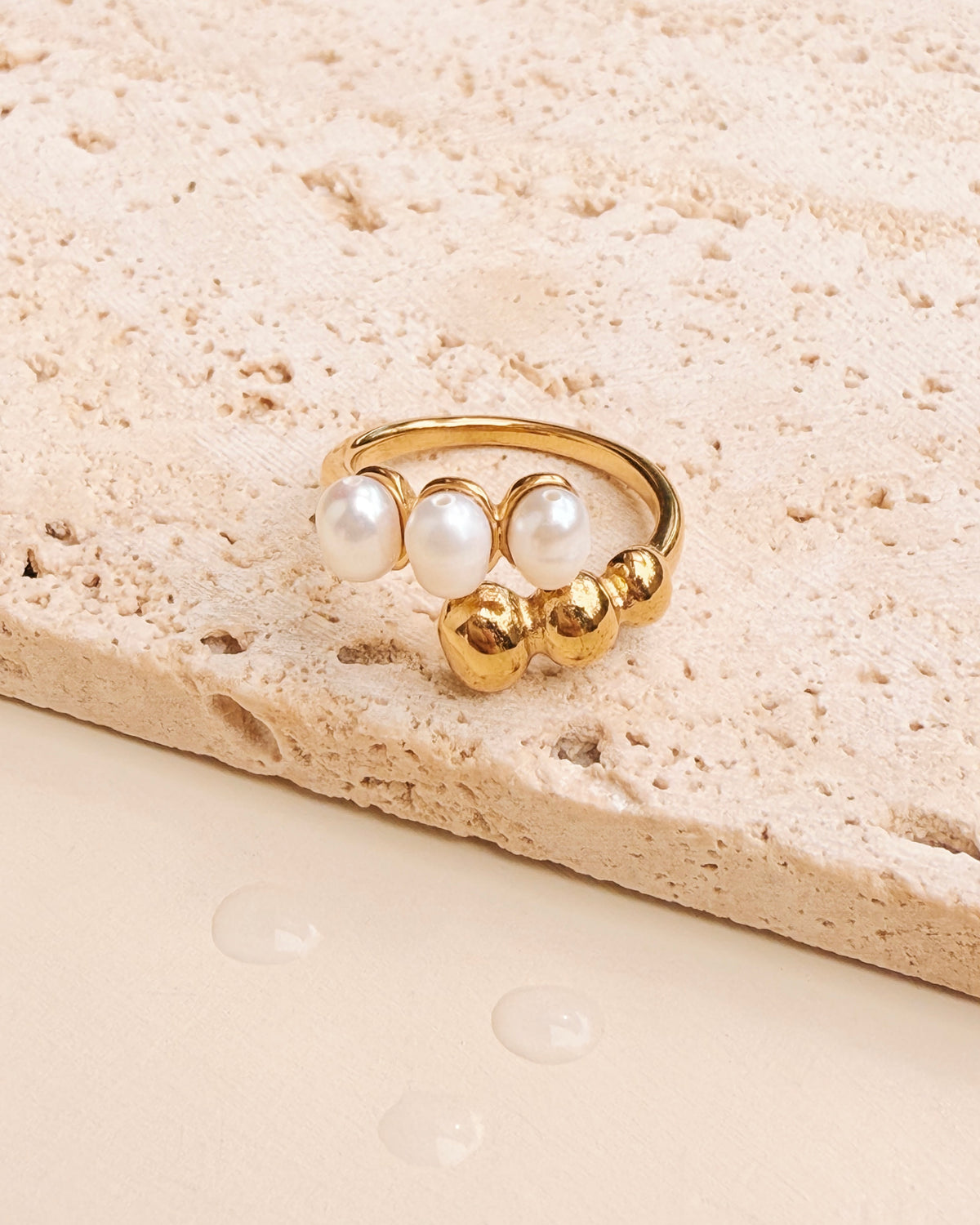 Issa Dual Top Head Three Round Pearls Three Round Beads Design Layered Look Gold Open Ring