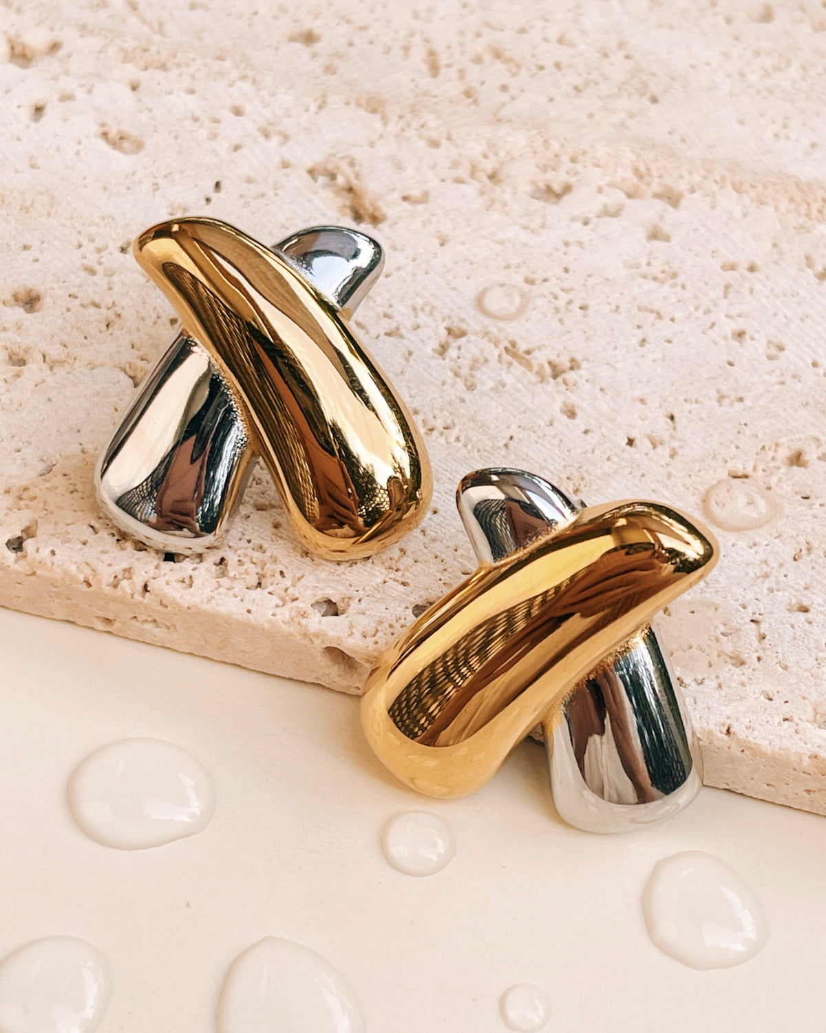 Alexis (Two Tone) Chunky X-Shaped Silver Gold Stud Earrings