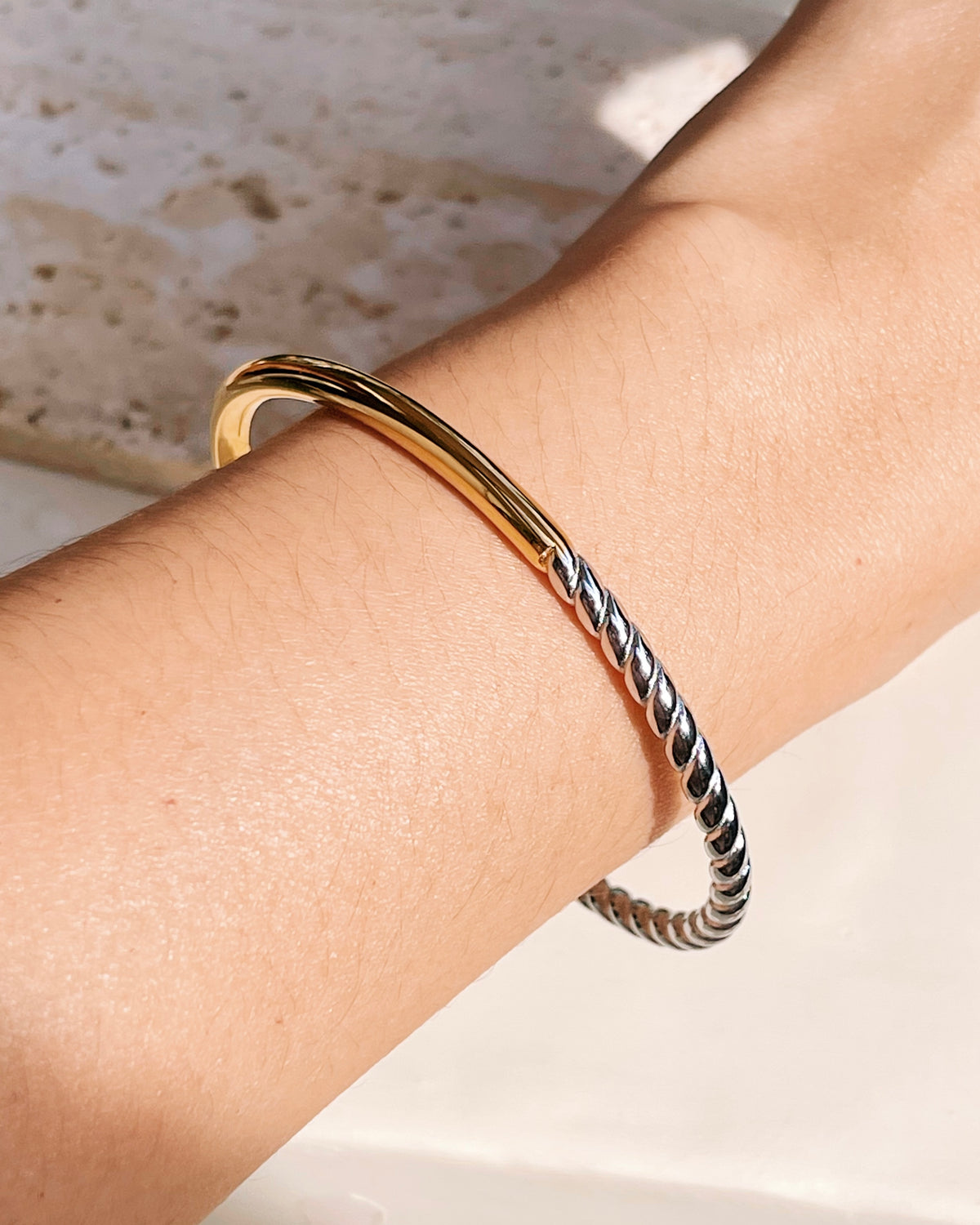 Eva (Two Tone) Double Design Half Smooth Gold Half Twisted Silver Bangle