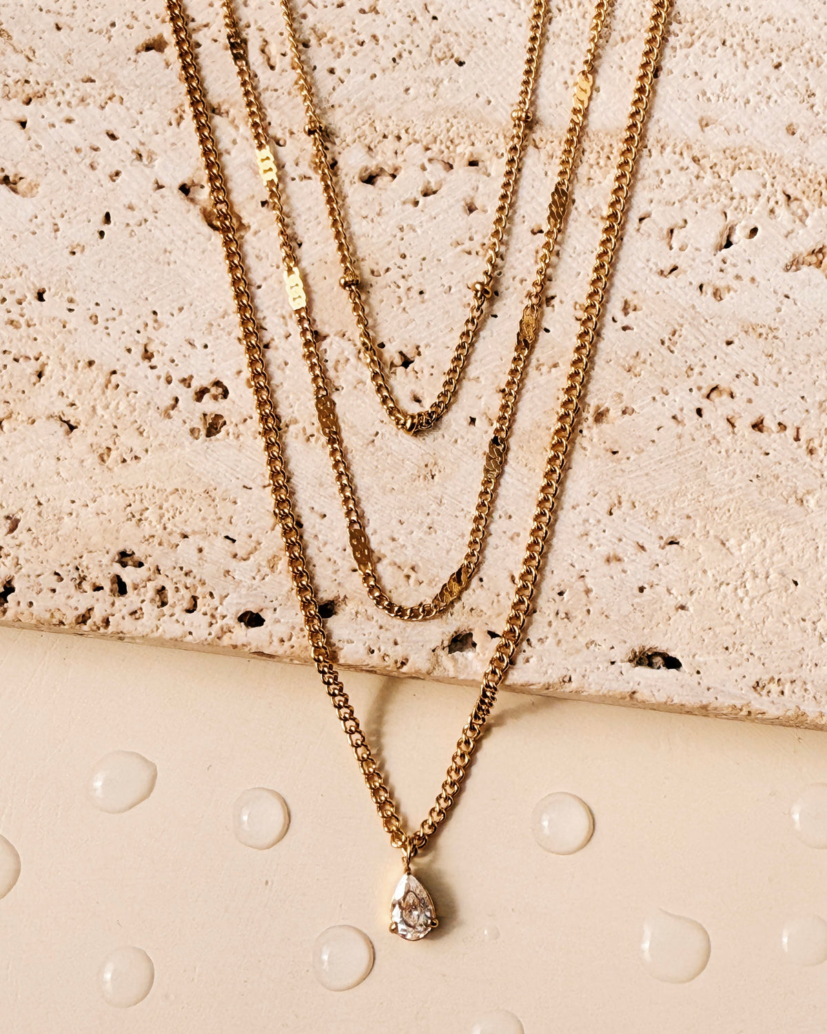 Kathryn Triple Layer Ball Beaded Curb Chain Alternate Curb Cuban Chain Teardrop Shaped Zircon Pendant Curb Chain Gold Necklace