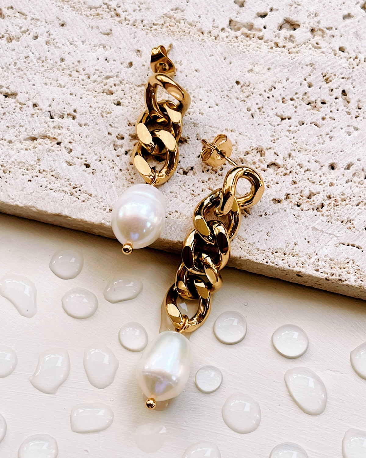 Holly Asymmetric Long Short Gold Chain Dangle Baroque Freshwater Pearl Drop Earrings
