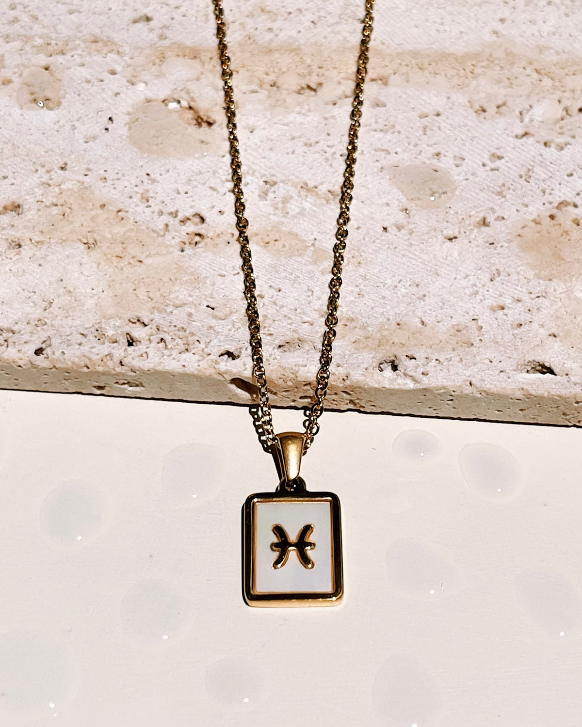 Camila Shell Zodiac Sign Square Framed Pendant Link Chain Gold Necklace